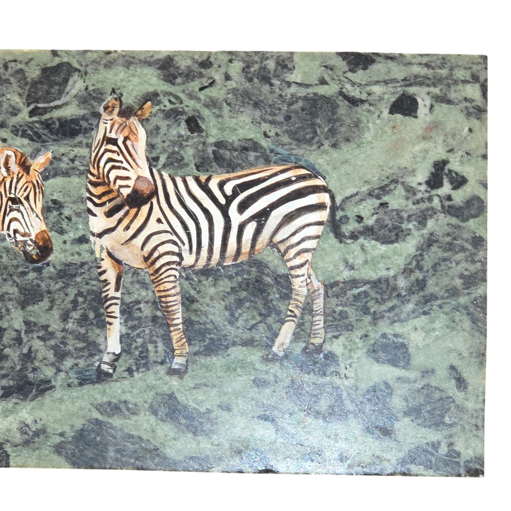 Hand Painted Zebra Stone Art Plaque Signed Trumi Serpentine Marble Safari 12" - Picture 2 of 7